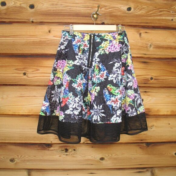Black Parrot Bird Print Floral Full Skirt - Picture 6 of 8